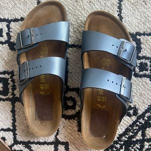 Metallic Blue Birkenstock Sandals with double silver buckles